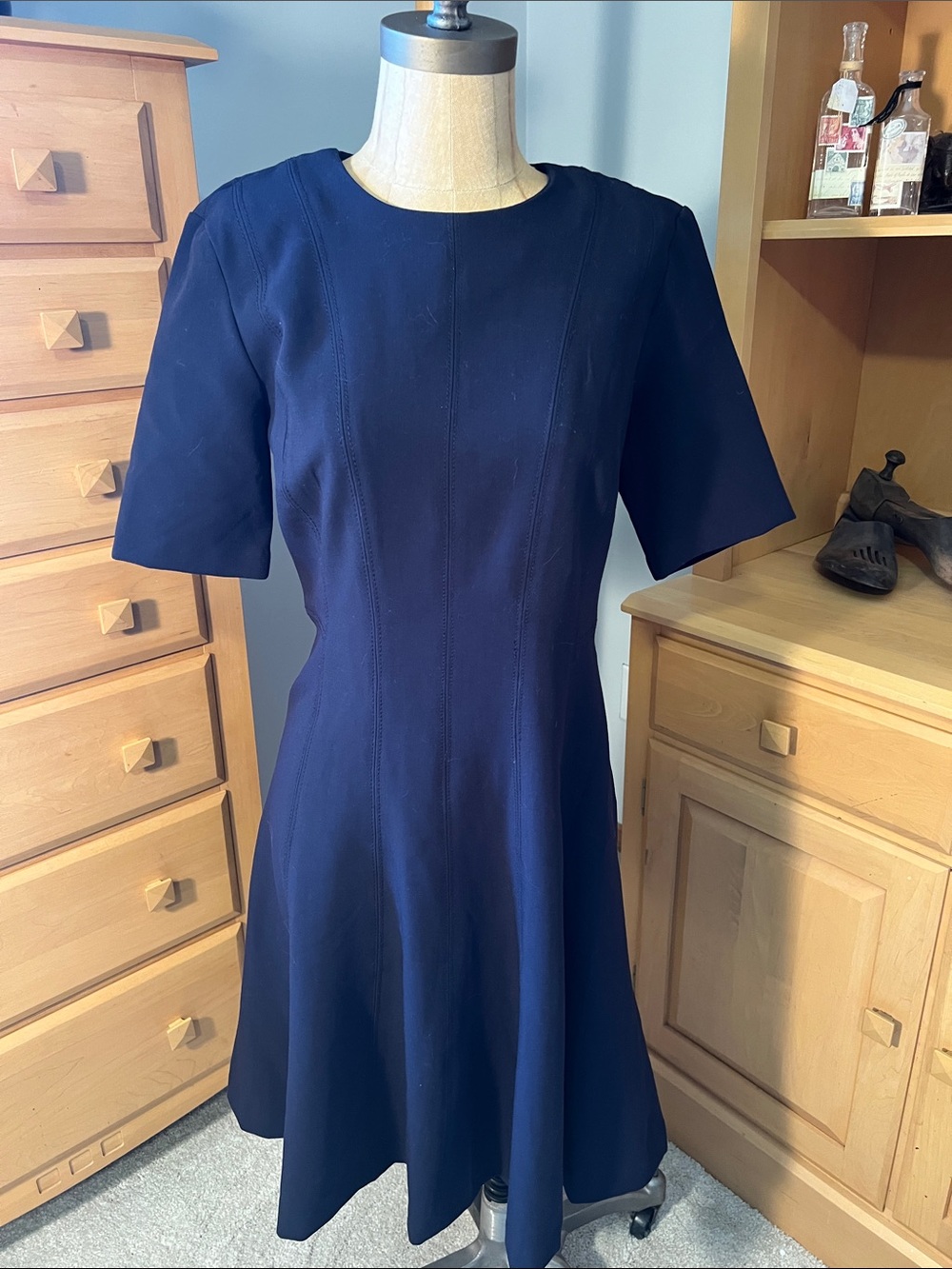 Banana Republic Navy Short-Sleeve Midi Fit-and-Flare Dress